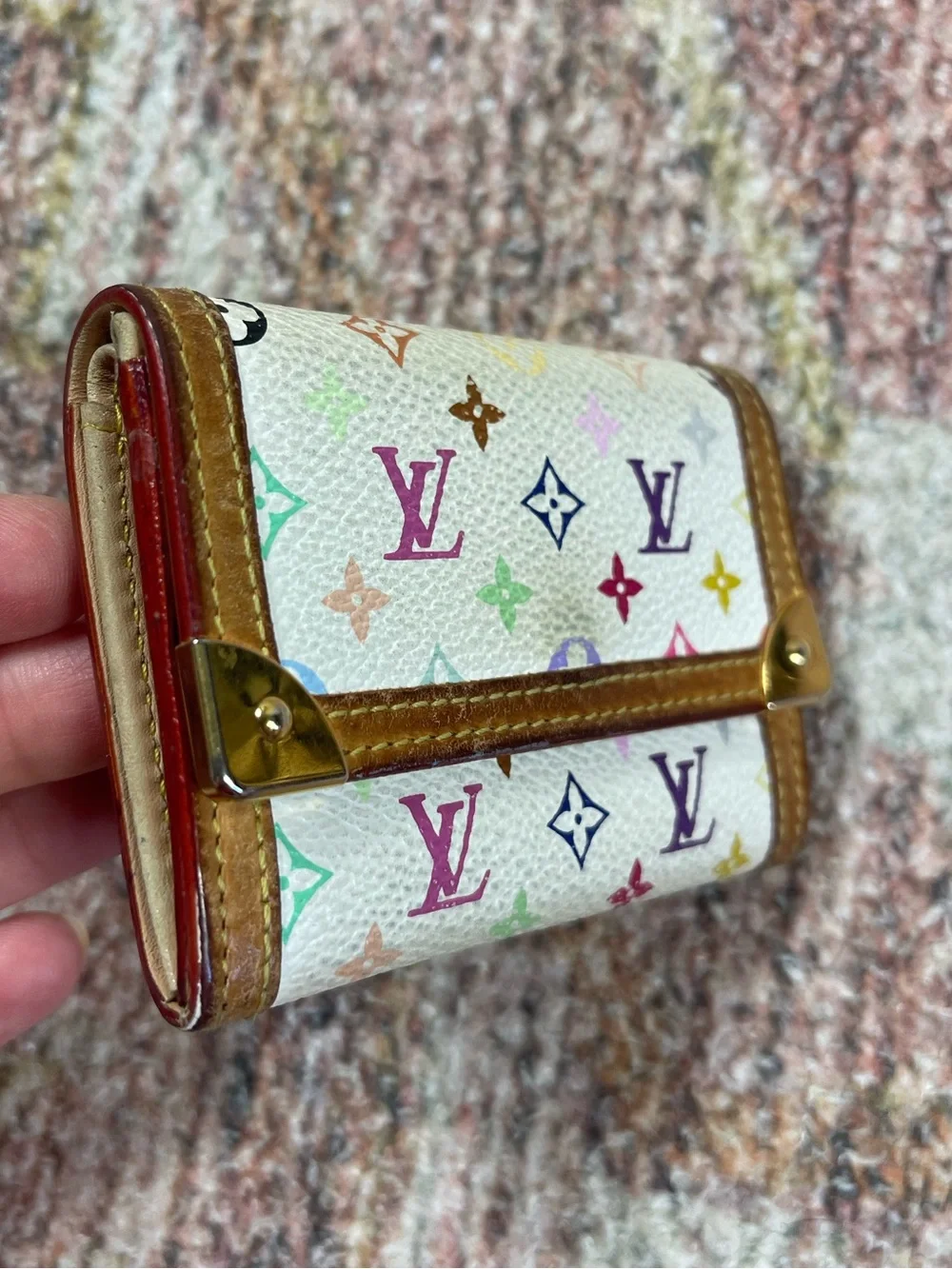 Louis Vuitton Monogram Multicolor Porte-Monnaie Plat Coin Purse White Authentic